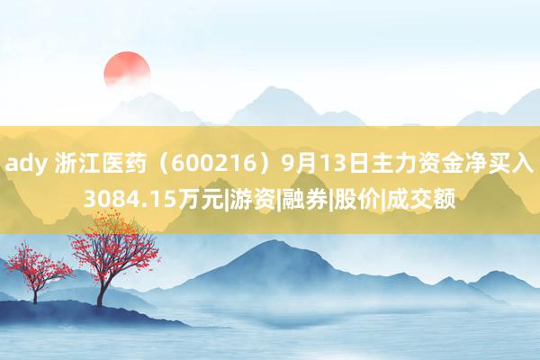 ady 浙江医药（600216）9月13日主力资金净买入3084.15万元|游资|融券|股价|成交额