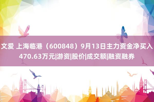 文爱 上海临港（600848）9月13日主力资金净买入470.63万元|游资|股价|成交额|融资融券